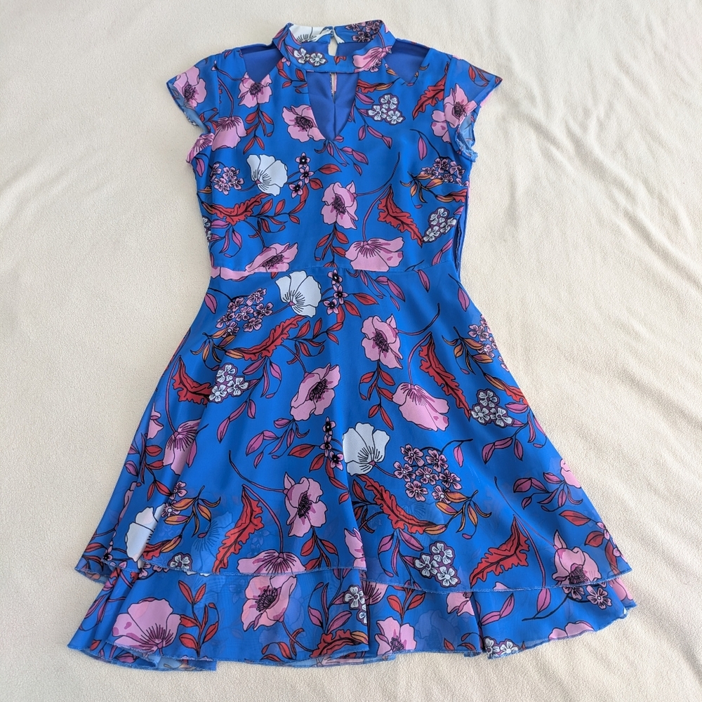 Floral Blue Dress with Pink and Purple Accents